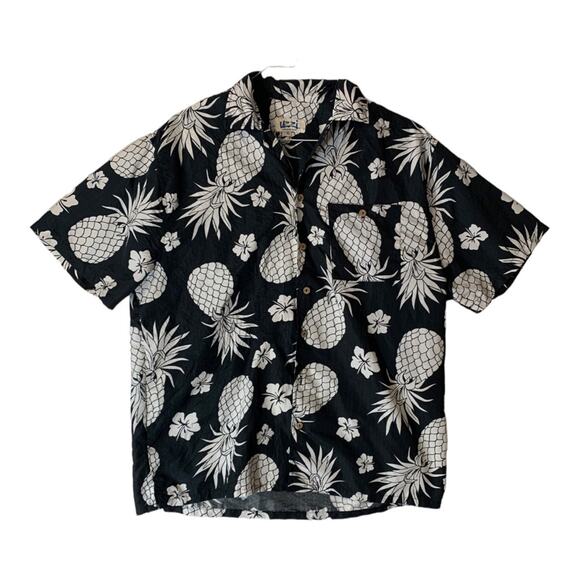 Uzzi mens XL Amphibious wear pineapple button down black white hawaiian shirt tr - Picture 1 of 10